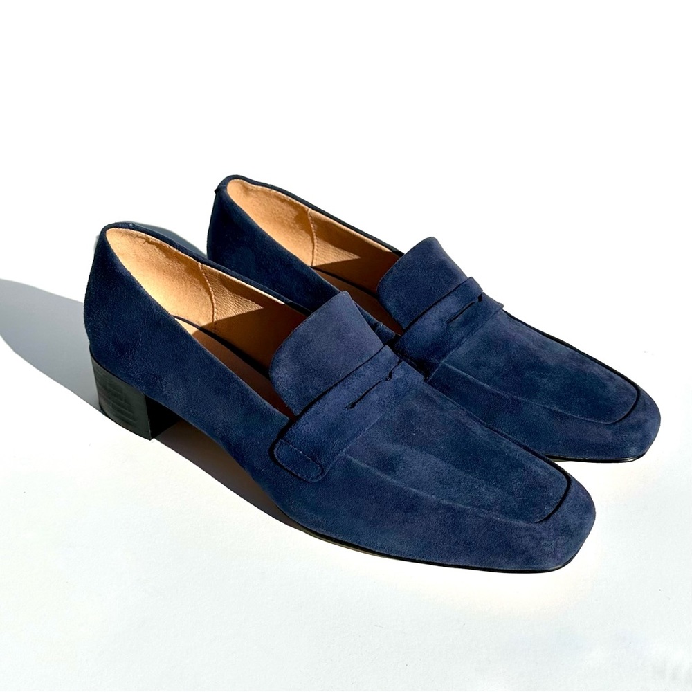 Anthropologie Hadley Block-Heeled Suede Loafers Navy Blue Size 8
